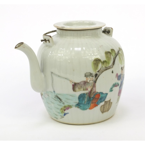 569 - Oriental Chinese porcelain teapot hand painted with elders and an emperor, 14cm high