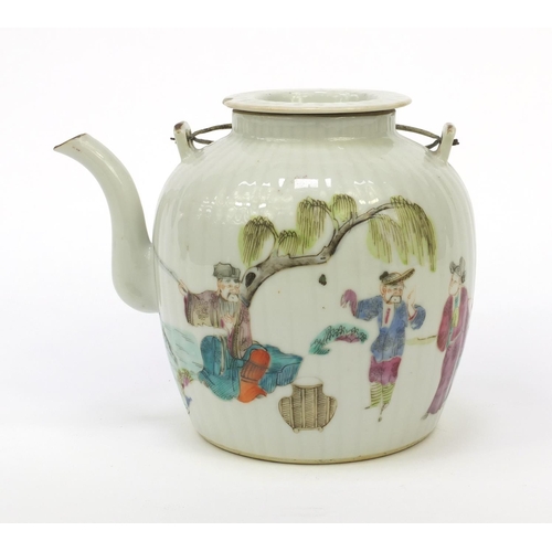 569 - Oriental Chinese porcelain teapot hand painted with elders and an emperor, 14cm high