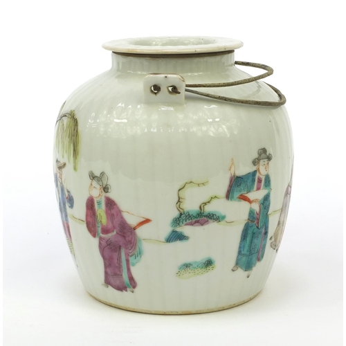 569 - Oriental Chinese porcelain teapot hand painted with elders and an emperor, 14cm high