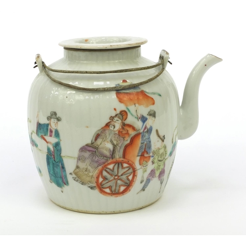 569 - Oriental Chinese porcelain teapot hand painted with elders and an emperor, 14cm high