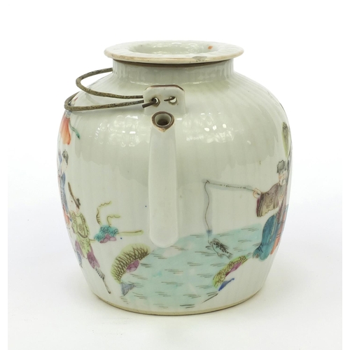 569 - Oriental Chinese porcelain teapot hand painted with elders and an emperor, 14cm high