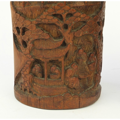 652 - Pair of wooden oriental Chinese bamboo brush pots carved with figures and landscape, 26cm high