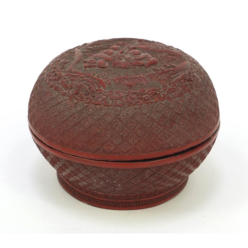 649 - Oriental Chinese cinnabar lacquer pot and cover decorated with fishermen, 12.5cm diameter