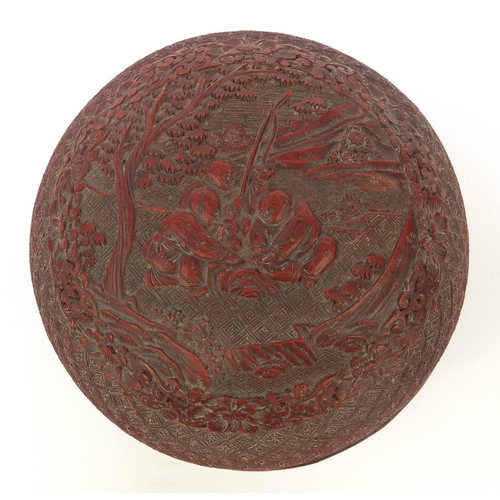 649 - Oriental Chinese cinnabar lacquer pot and cover decorated with fishermen, 12.5cm diameter