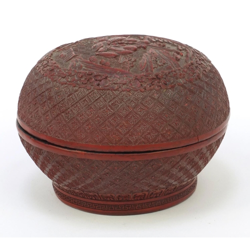 649 - Oriental Chinese cinnabar lacquer pot and cover decorated with fishermen, 12.5cm diameter