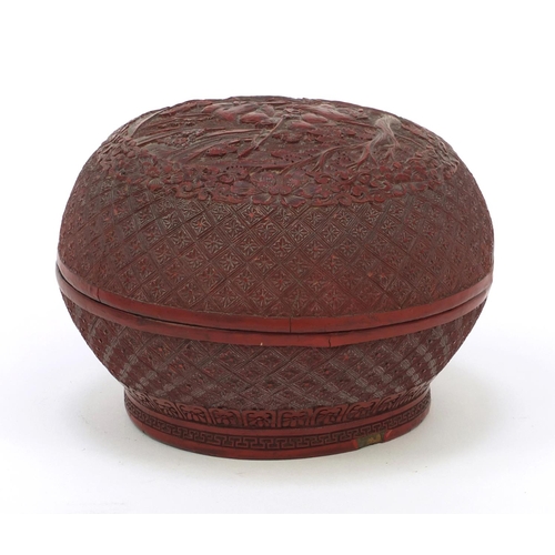 649 - Oriental Chinese cinnabar lacquer pot and cover decorated with fishermen, 12.5cm diameter