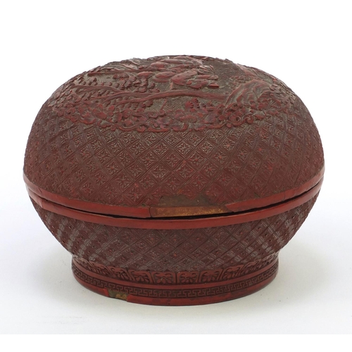 649 - Oriental Chinese cinnabar lacquer pot and cover decorated with fishermen, 12.5cm diameter