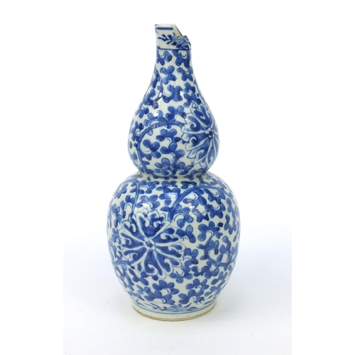 548 - Oriental Chinese porcelain blue and white double gourd vase hand painted with flowers, character mar... 