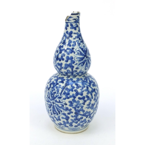 548 - Oriental Chinese porcelain blue and white double gourd vase hand painted with flowers, character mar... 