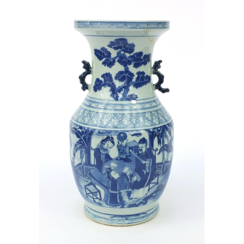 553 - Oriental Chinese porcelain vase with dragon handles, hand painted with a panel of figures and landsc... 