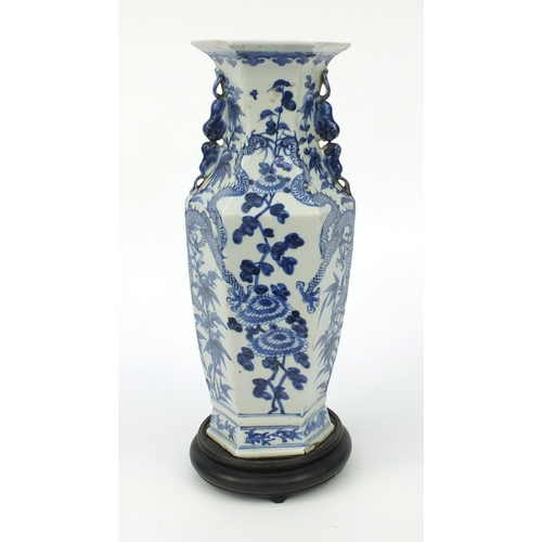 538 - Oriental Chinese porcelain blue and white hexagonal shaped vase hand painted with dragons and flower... 