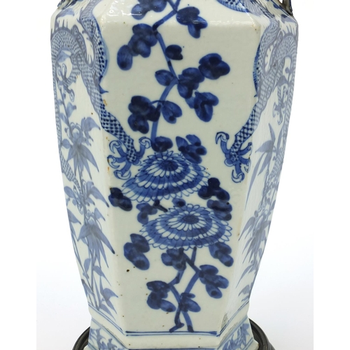 538 - Oriental Chinese porcelain blue and white hexagonal shaped vase hand painted with dragons and flower... 