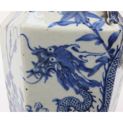 538 - Oriental Chinese porcelain blue and white hexagonal shaped vase hand painted with dragons and flower... 