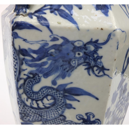 538 - Oriental Chinese porcelain blue and white hexagonal shaped vase hand painted with dragons and flower... 