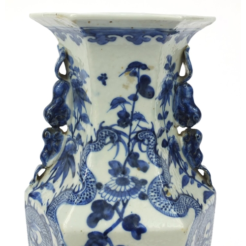 538 - Oriental Chinese porcelain blue and white hexagonal shaped vase hand painted with dragons and flower... 