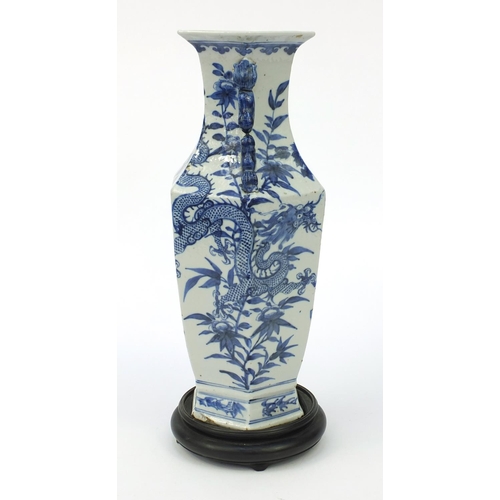 538 - Oriental Chinese porcelain blue and white hexagonal shaped vase hand painted with dragons and flower... 