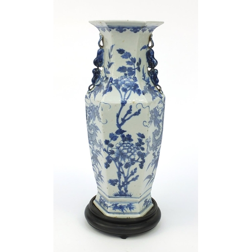 538 - Oriental Chinese porcelain blue and white hexagonal shaped vase hand painted with dragons and flower... 