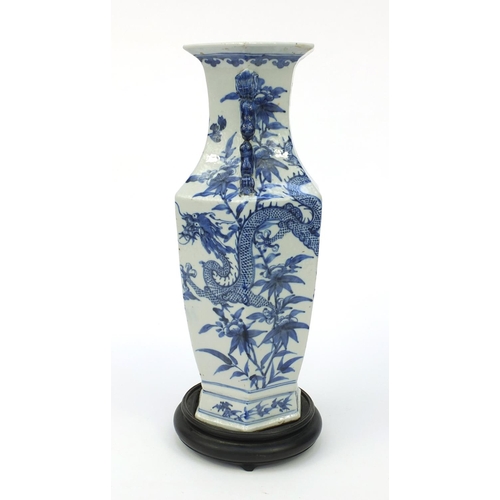 538 - Oriental Chinese porcelain blue and white hexagonal shaped vase hand painted with dragons and flower... 