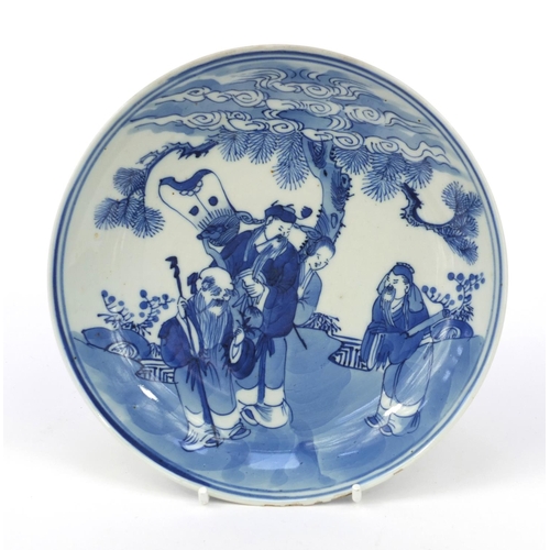 540 - Oriental Chinese porcelain shallow dish hand painted with figures, character mark to base, 18cm diam... 