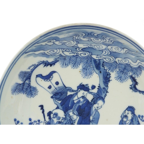 540 - Oriental Chinese porcelain shallow dish hand painted with figures, character mark to base, 18cm diam... 