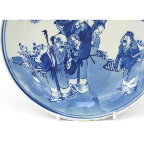 540 - Oriental Chinese porcelain shallow dish hand painted with figures, character mark to base, 18cm diam... 