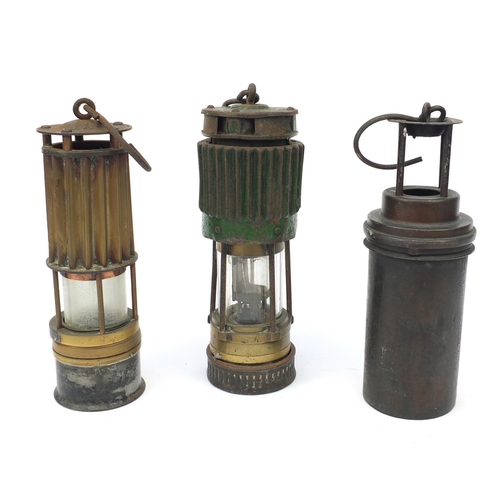 186 - Three miner's lamps including Turquand & Q Ltd example, the largest 28cm high