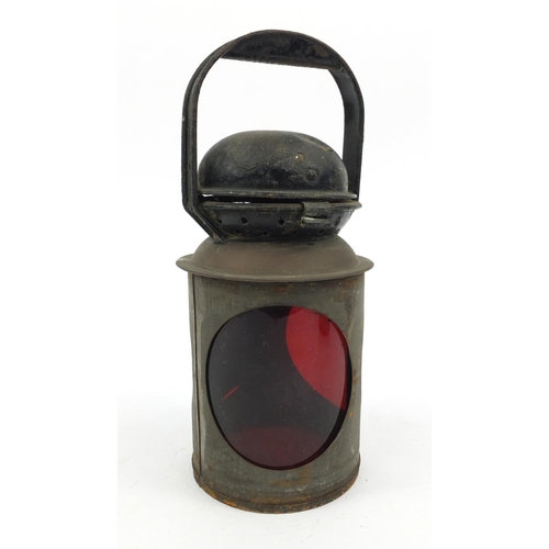 199 - Black painted B.R.(W) railway lamp with ceramic burner and red and blue glass panels, Bladen, 35cm h... 