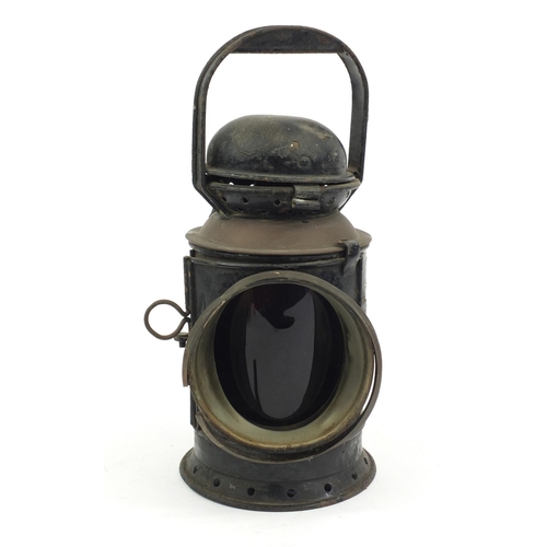 199 - Black painted B.R.(W) railway lamp with ceramic burner and red and blue glass panels, Bladen, 35cm h... 