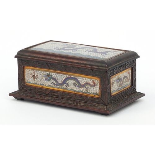 656 - Oriental Chinese hardwood box inlaid with cloisonné panels of dragons, 22cm wide