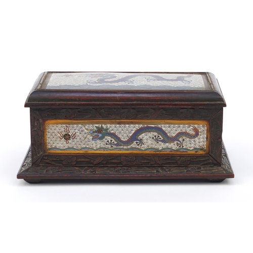 656 - Oriental Chinese hardwood box inlaid with cloisonné panels of dragons, 22cm wide