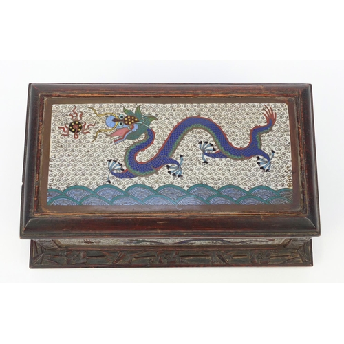 656 - Oriental Chinese hardwood box inlaid with cloisonné panels of dragons, 22cm wide