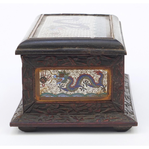 656 - Oriental Chinese hardwood box inlaid with cloisonné panels of dragons, 22cm wide