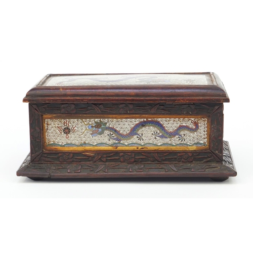 656 - Oriental Chinese hardwood box inlaid with cloisonné panels of dragons, 22cm wide