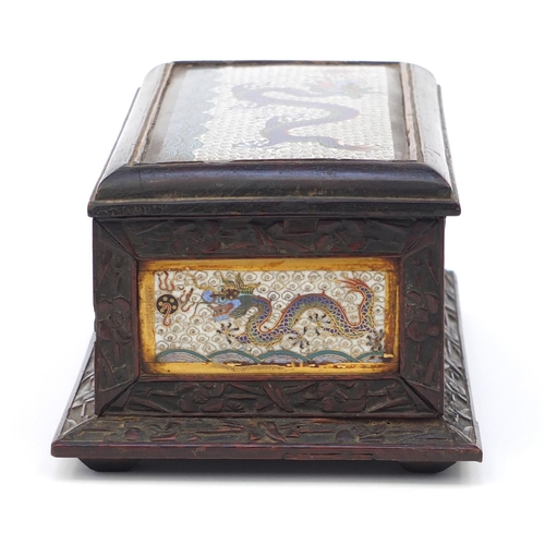 656 - Oriental Chinese hardwood box inlaid with cloisonné panels of dragons, 22cm wide