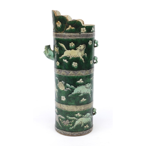 576 - Oriental Chinese stoneware water fountain ? hand painted with mythical beasts, 37cm high