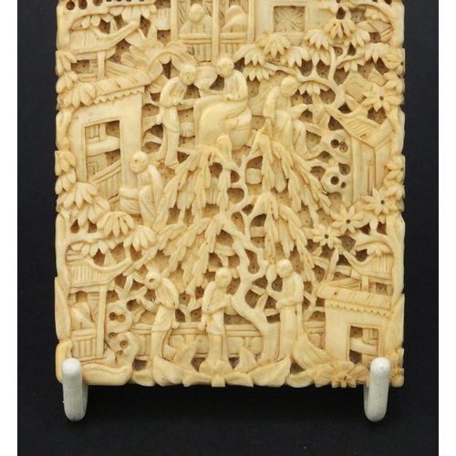 617 - Oriental Chinese Canton ivory card case profusely carved with seated figures, trees and bridges, 9.5... 