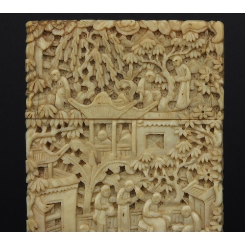 617 - Oriental Chinese Canton ivory card case profusely carved with seated figures, trees and bridges, 9.5... 