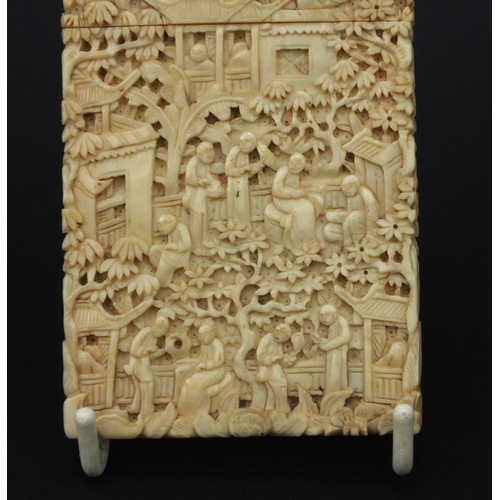 617 - Oriental Chinese Canton ivory card case profusely carved with seated figures, trees and bridges, 9.5... 