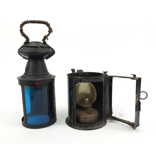 198 - Railway interest black painted lamp with red and blue glass panels and ceramic burner, SAR 4704, 32c... 