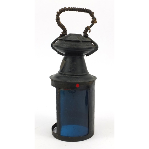 198 - Railway interest black painted lamp with red and blue glass panels and ceramic burner, SAR 4704, 32c... 