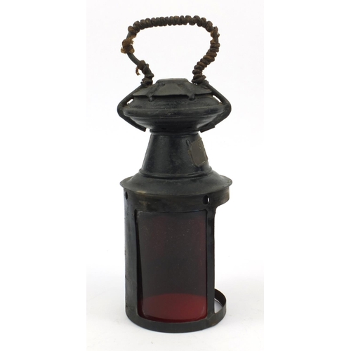 198 - Railway interest black painted lamp with red and blue glass panels and ceramic burner, SAR 4704, 32c... 