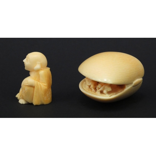 613 - Oriental carved ivory clam shell and an oriental carved ivory Netsuke, both with character marks to ... 