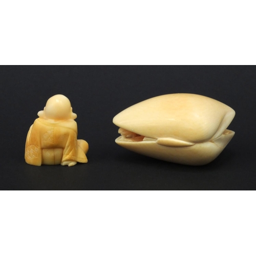 613 - Oriental carved ivory clam shell and an oriental carved ivory Netsuke, both with character marks to ... 