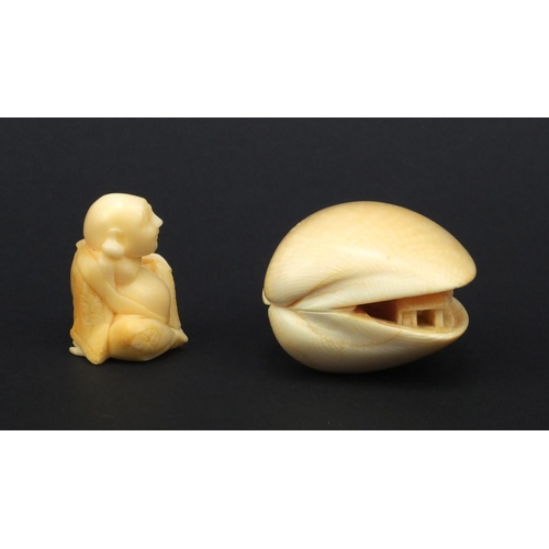 613 - Oriental carved ivory clam shell and an oriental carved ivory Netsuke, both with character marks to ... 