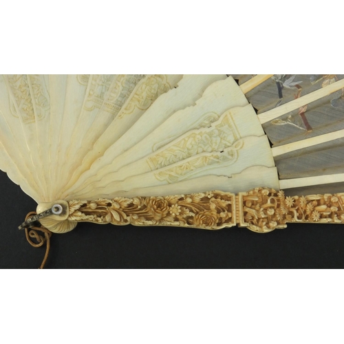 616 - Oriental Chinese Canton ivory fan carved with figures and flowers, the silk embroidered with birds a... 