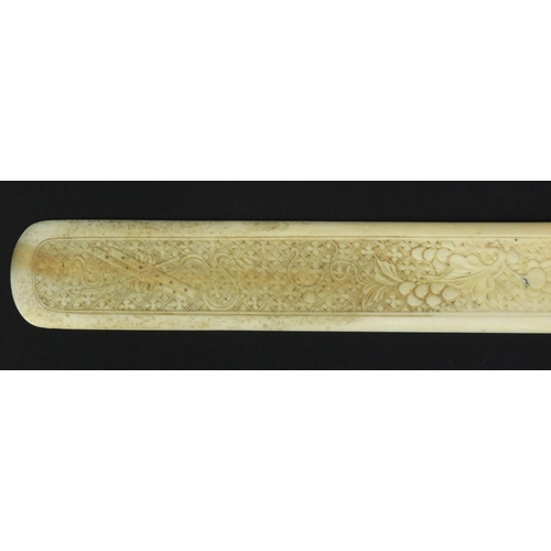 619 - Oriental Chinese ivory letter opener pierced and carved with figures and flowers, 28.5cm long