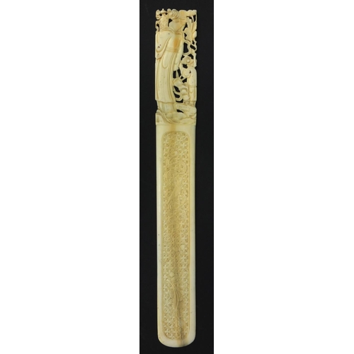 619 - Oriental Chinese ivory letter opener pierced and carved with figures and flowers, 28.5cm long