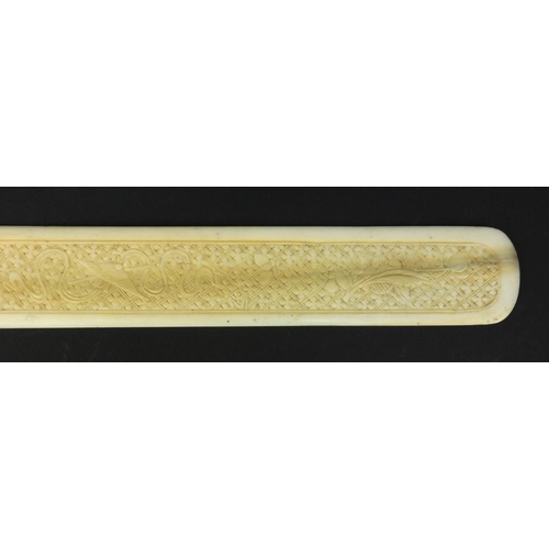 619 - Oriental Chinese ivory letter opener pierced and carved with figures and flowers, 28.5cm long