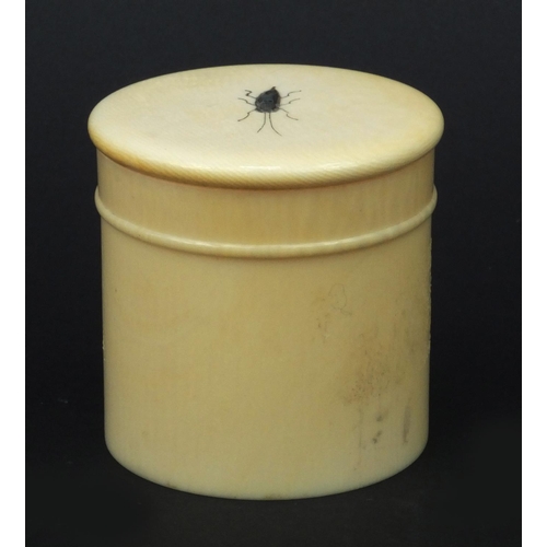 597 - Oriental Japense ivory Shibayama pot and cover with inlaid mother of pearl insect, 6cm high