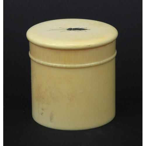 597 - Oriental Japense ivory Shibayama pot and cover with inlaid mother of pearl insect, 6cm high